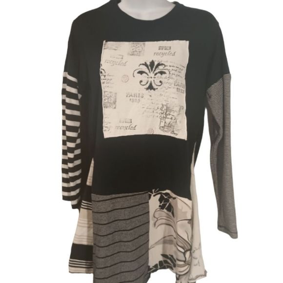 Super Recycled upcycled patchwork black/white/tan fit & flare tunic size S - Picture 1 of 10